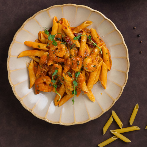 Penne arabiata with scrimp